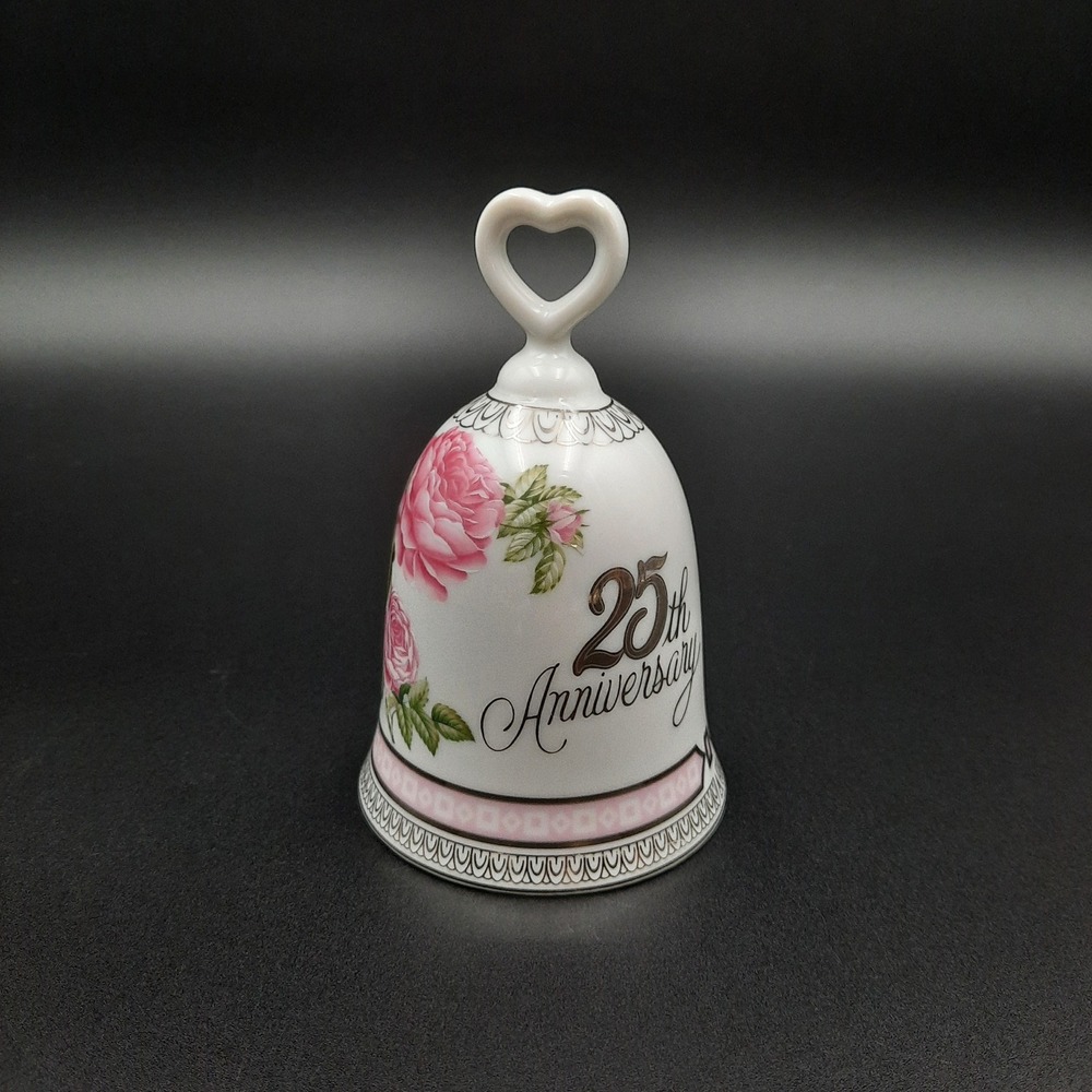 Vintage Chatillon Porcelaine 25th Anniversary Bell w/ Pink Roses & Heart Handle